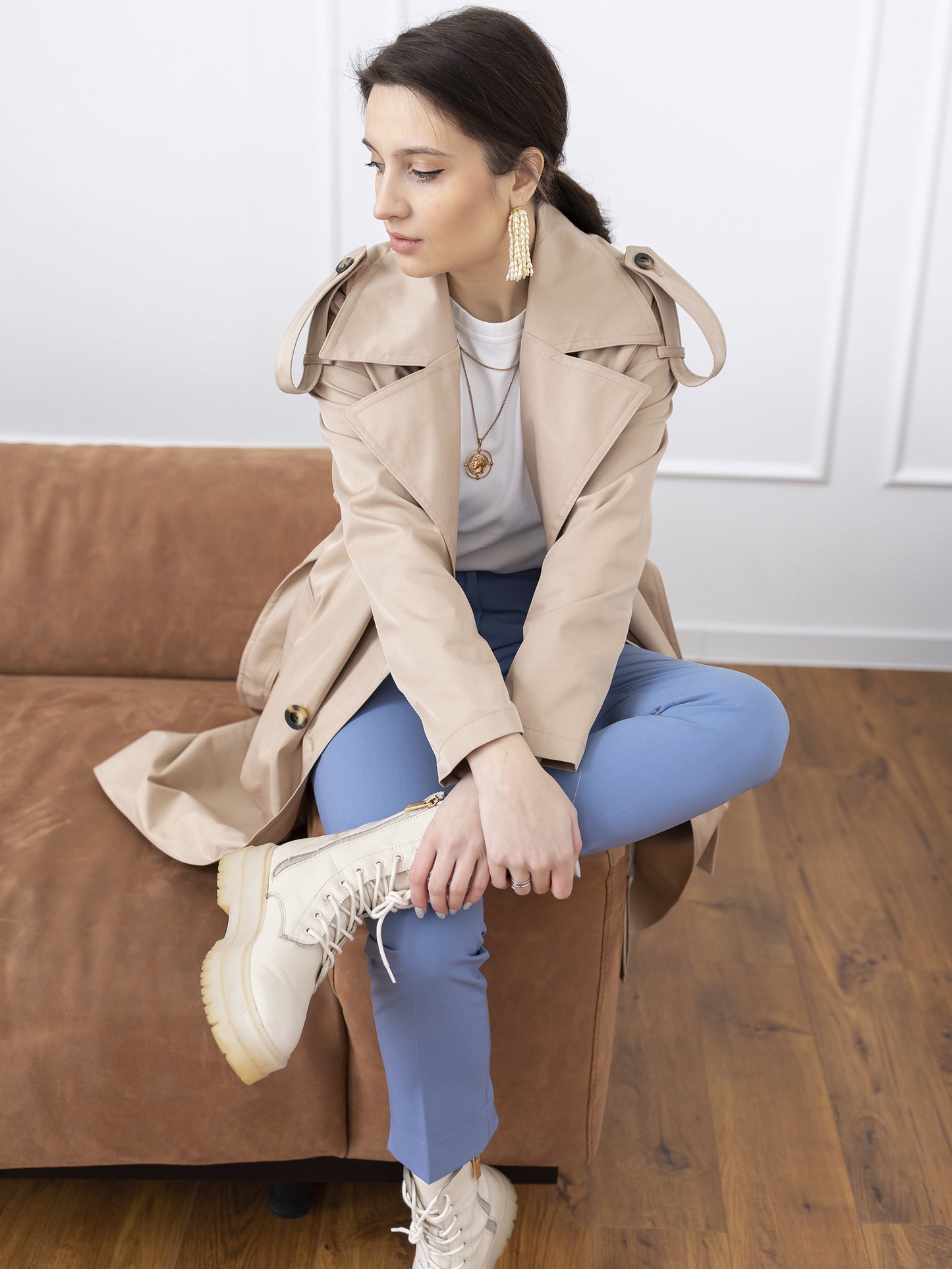 Zweireihiger wasserabweisender Trenchcoat, Beige
