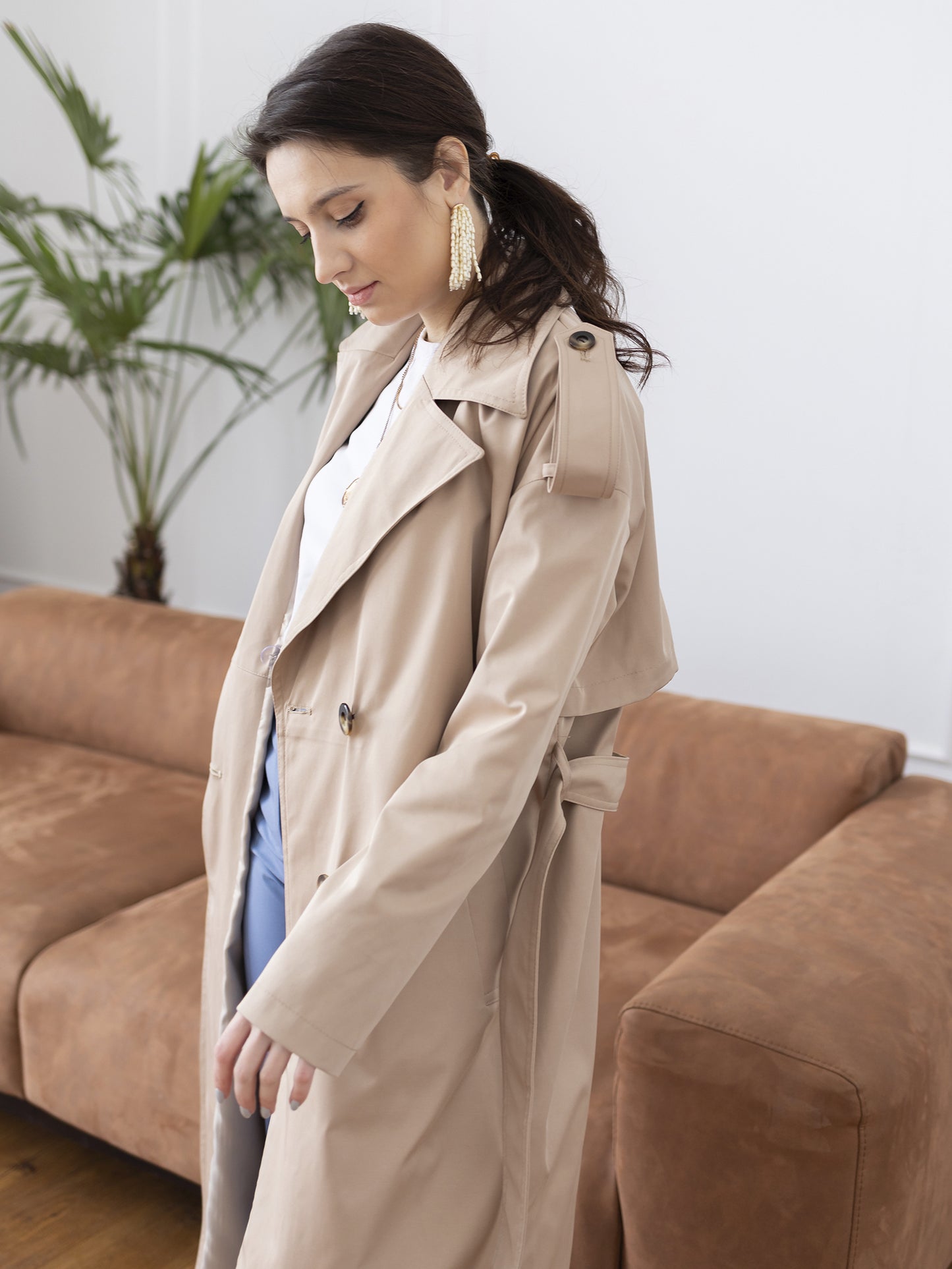 Zweireihiger wasserabweisender Trenchcoat, Beige