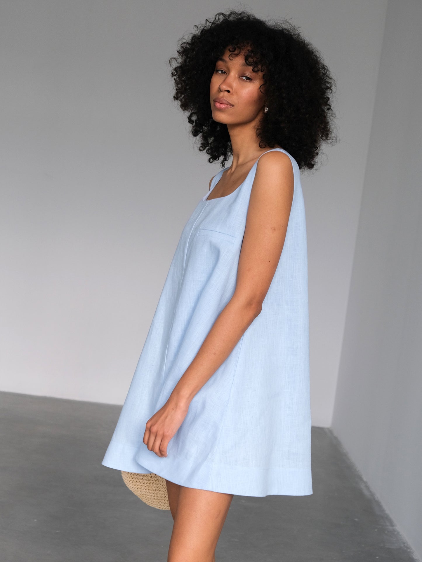 Linen Mini Dress, Light Blue