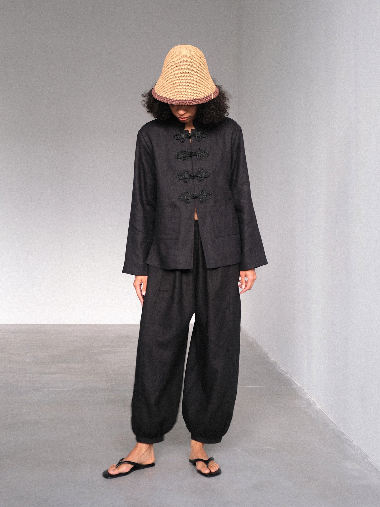 Linen Jacket with Frog Closures, Black