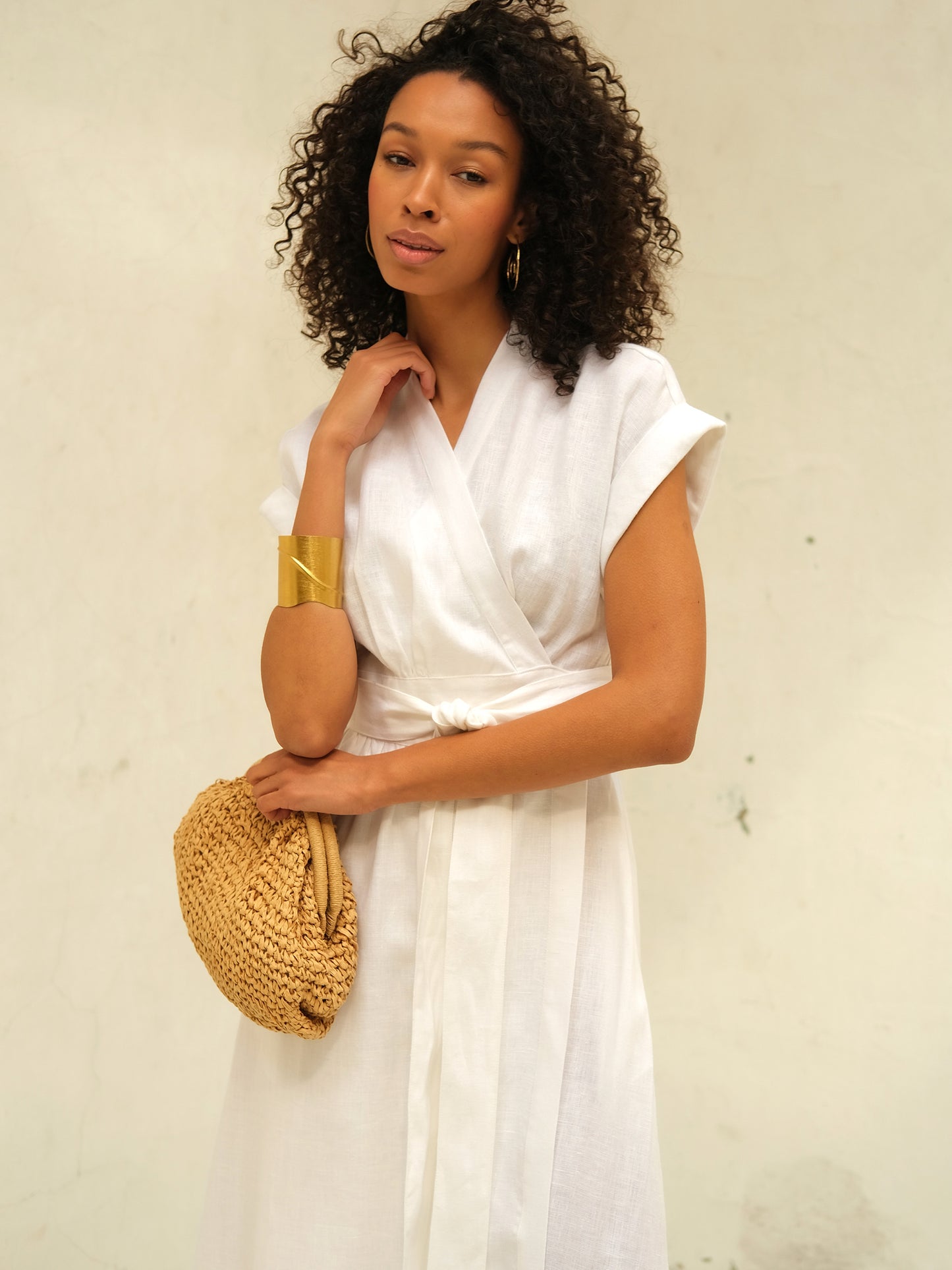 Linen Wrap Midi Dress, White