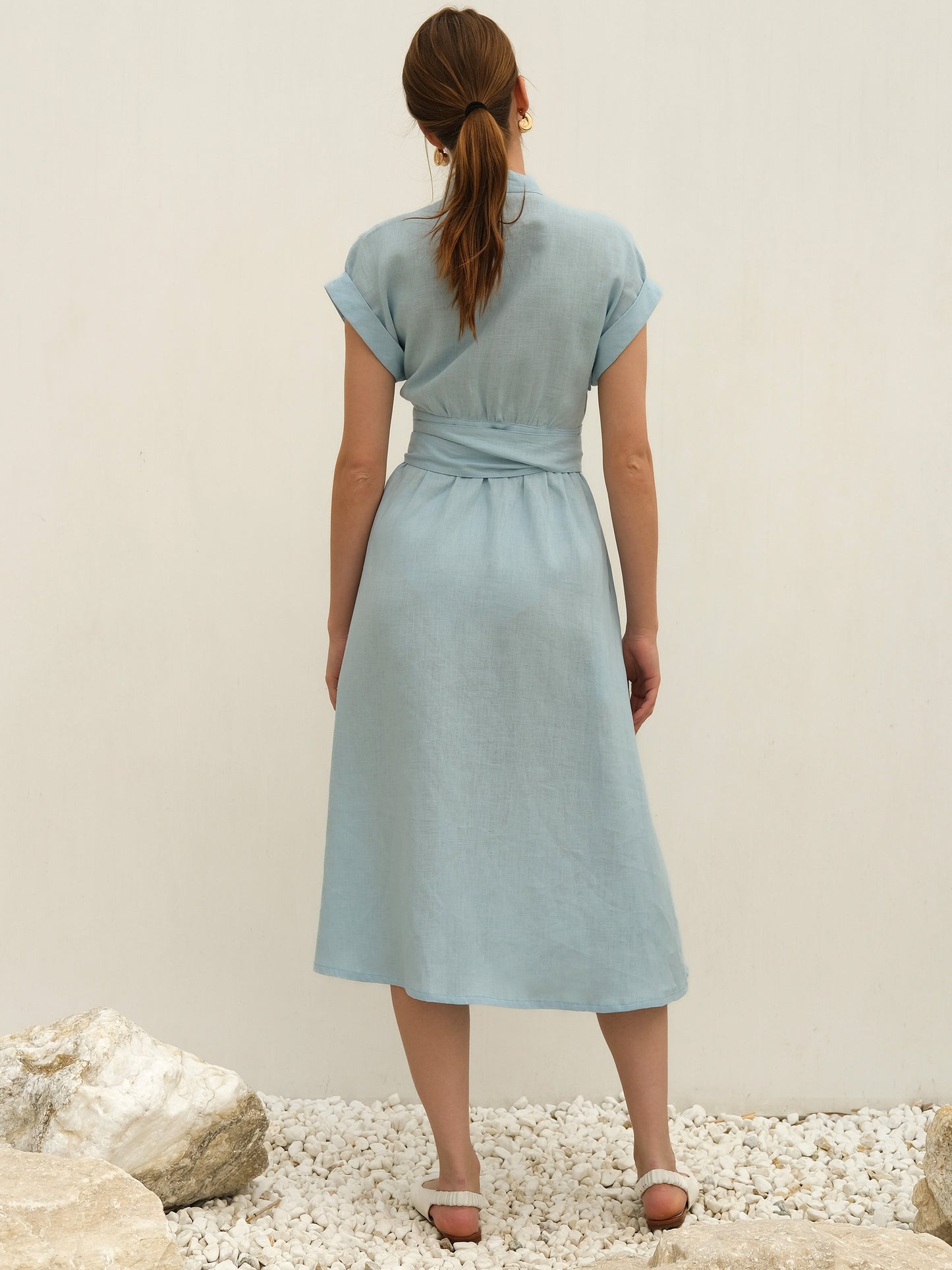 Linen Wrap Midi Dress, Light Blue