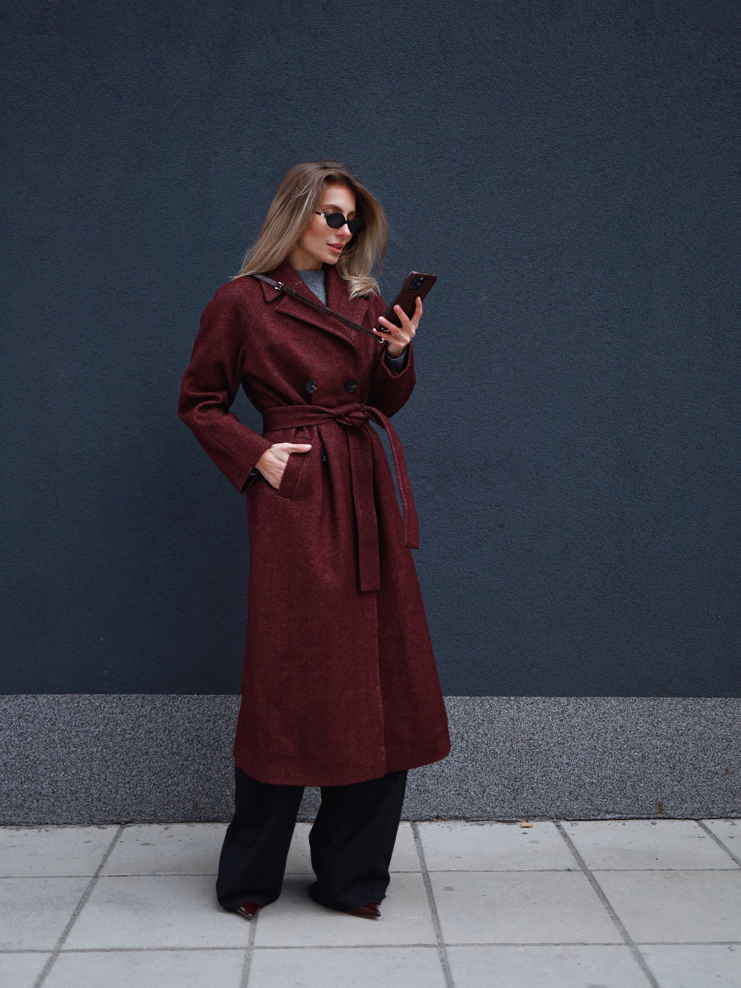 Burgundy Herringbone Raglan Wool Coat