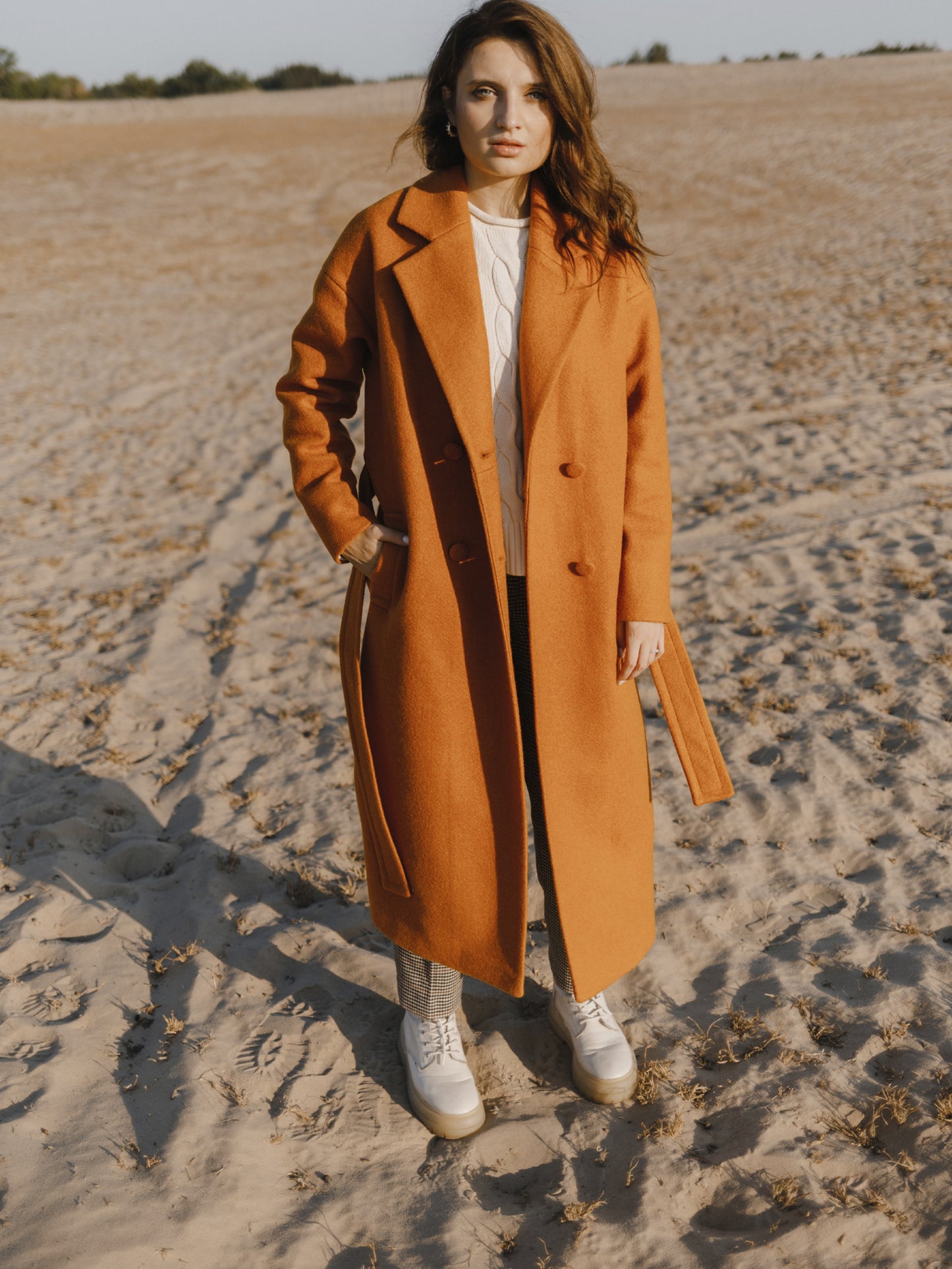 Rusty Red Double-Breasted Wool Coat with Belt