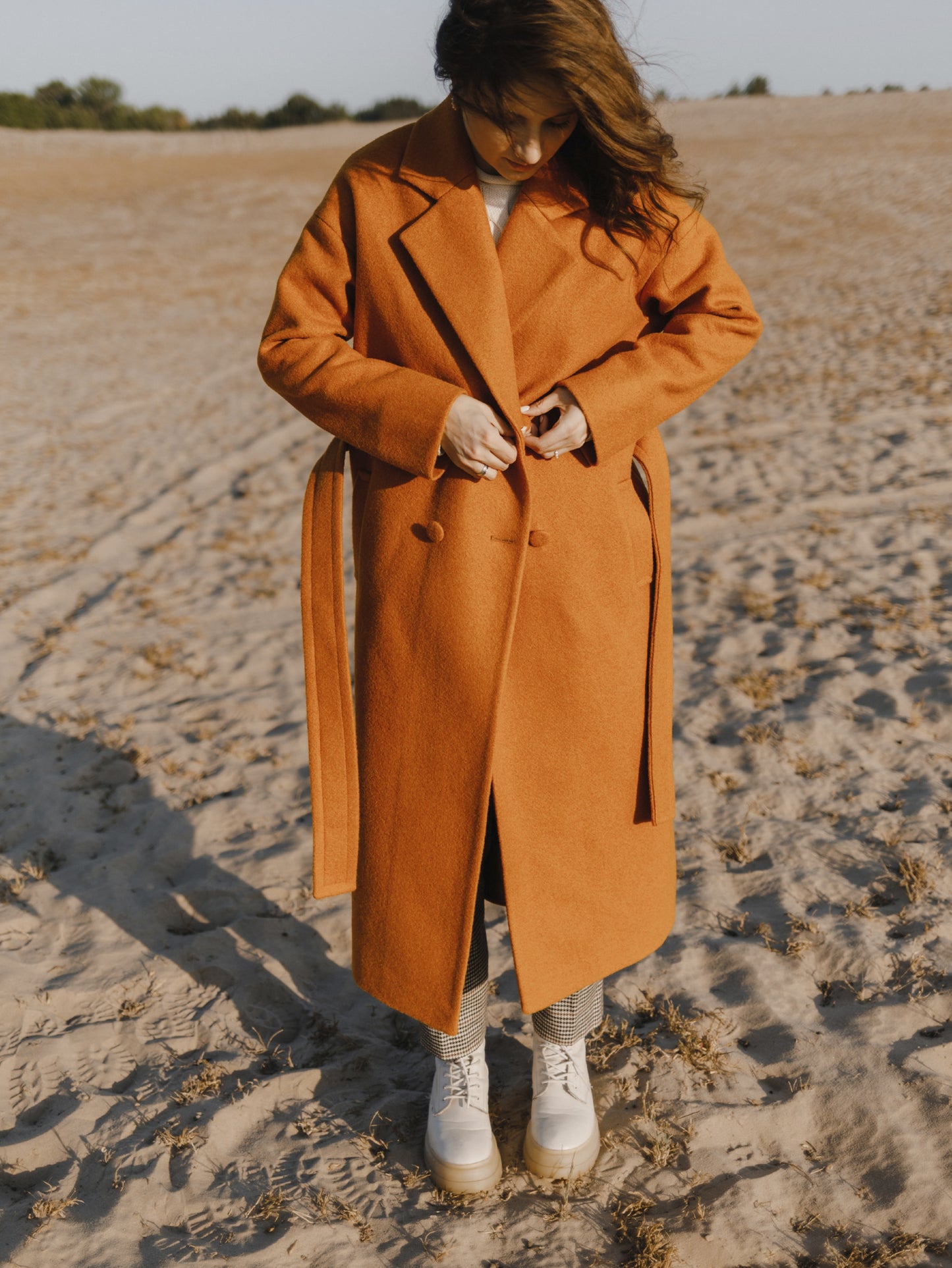 Rusty Red Double-Breasted Wool Coat with Belt