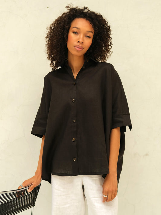 Leinen Oversize Hemd, Schwarz