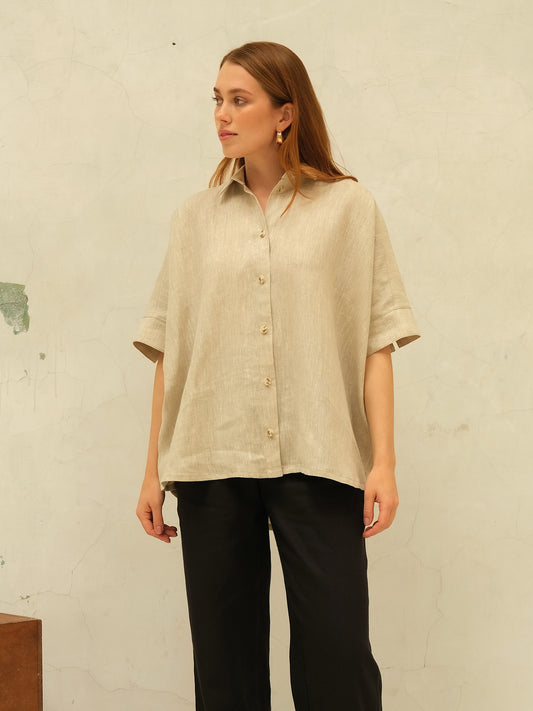 Leinen Oversize Hemd, Naturbeige