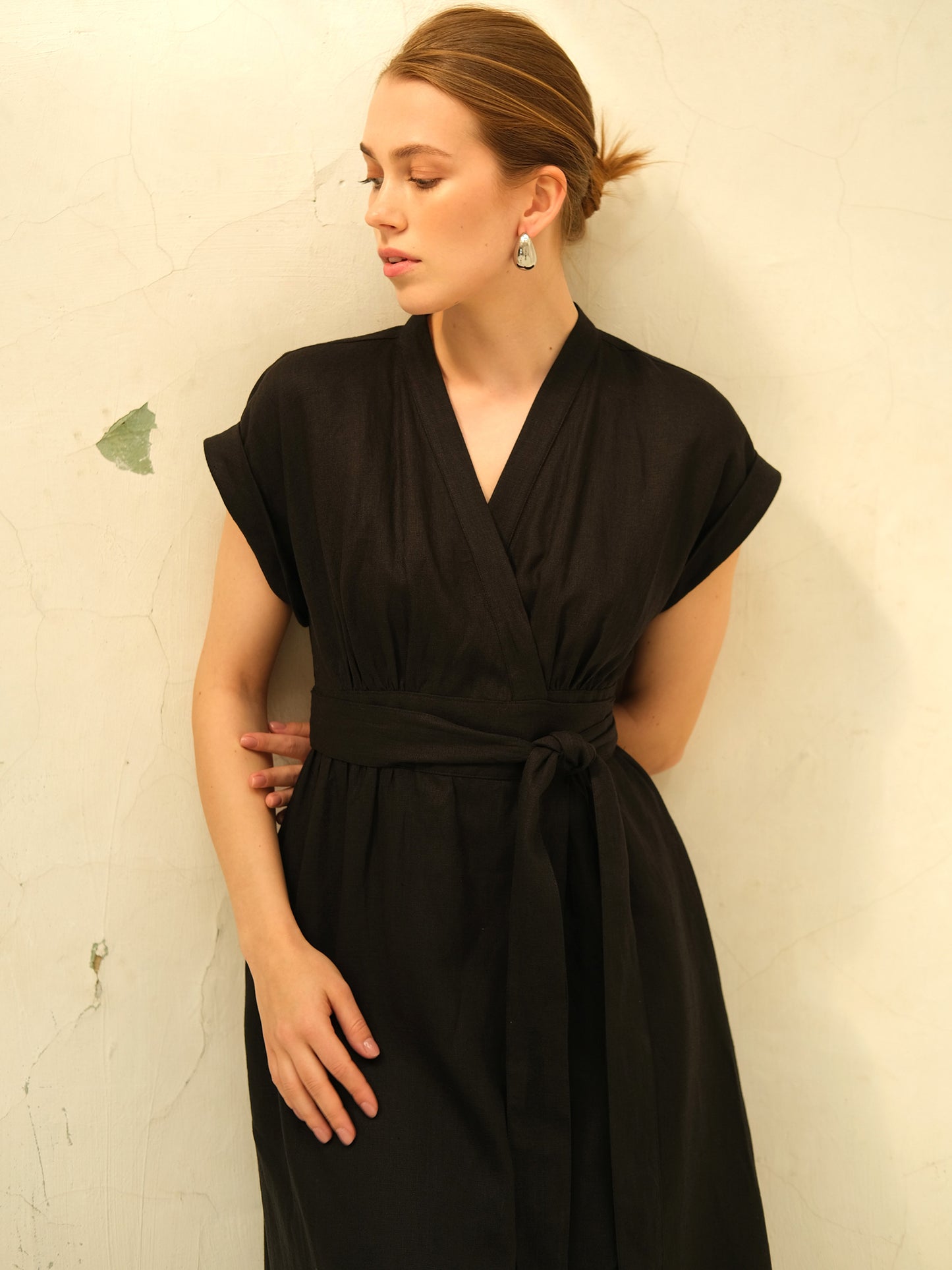 Linen Wrap Midi Dress, Black