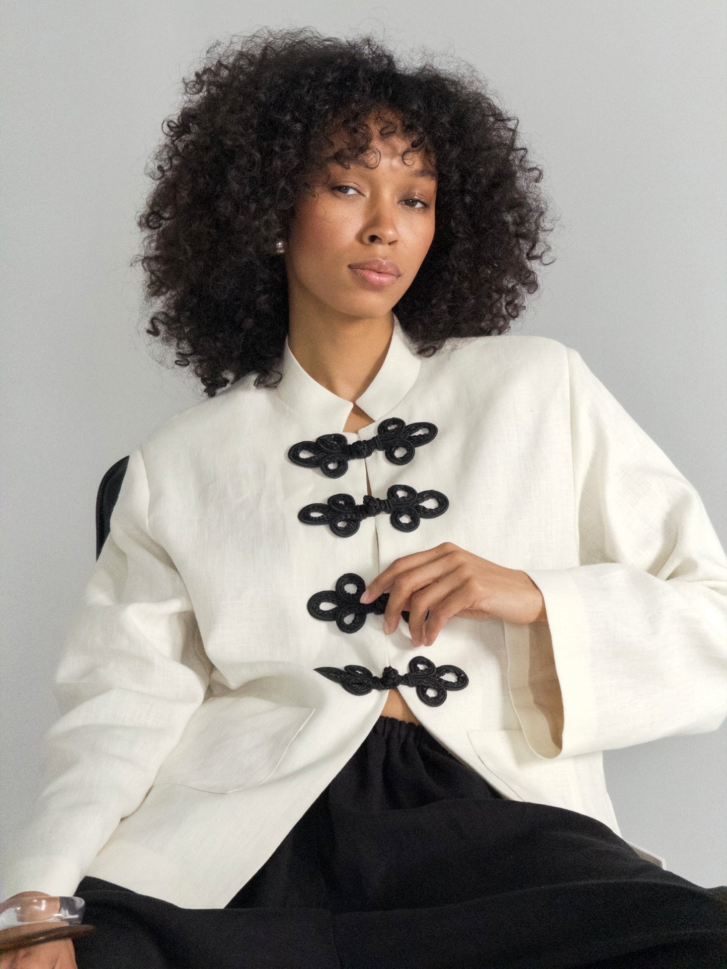 Linen Jacket with Frog Closures, Milk