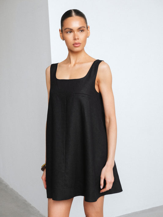 Linen Mini Dress, Black