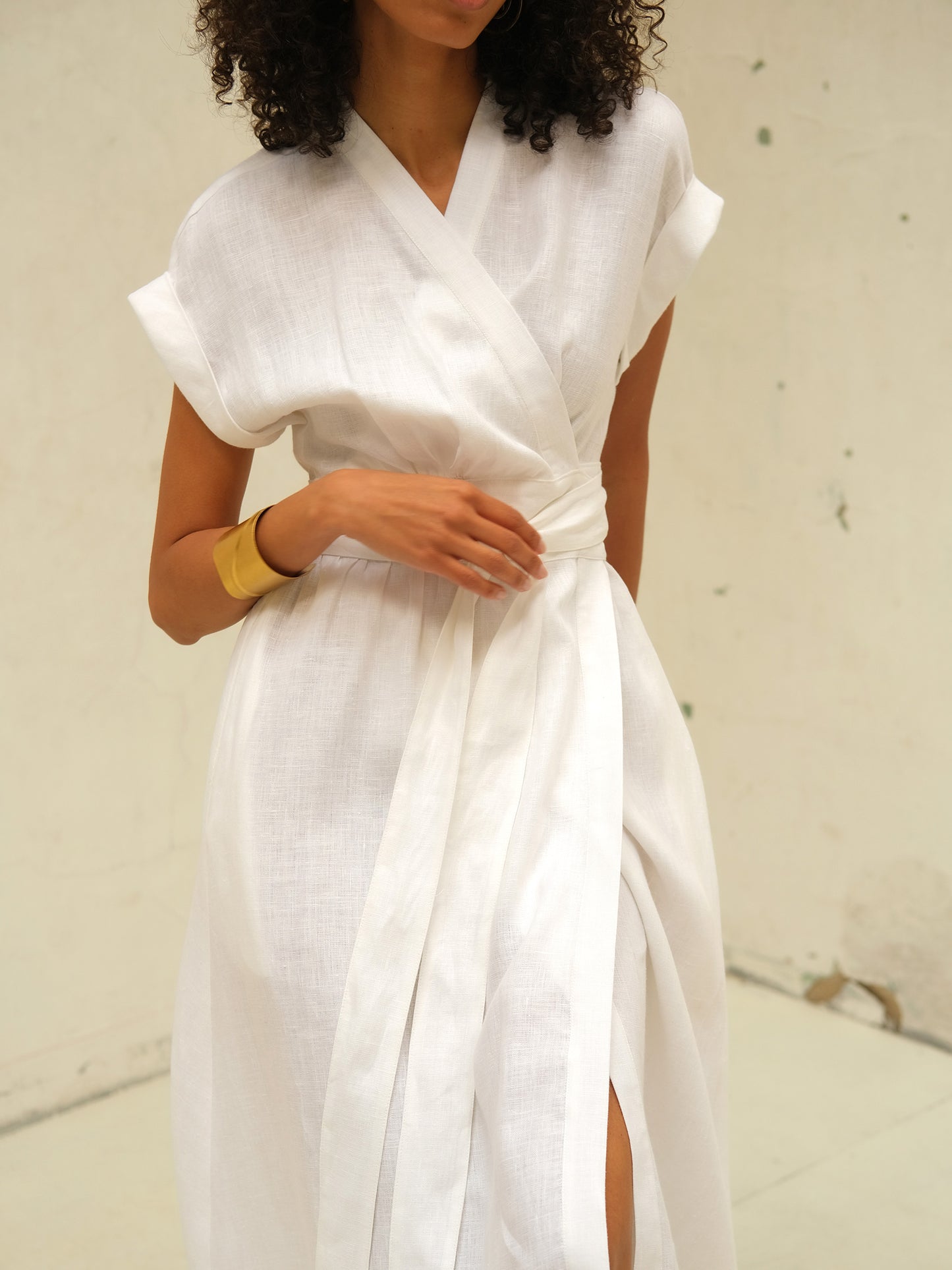 Linen Wrap Midi Dress, White