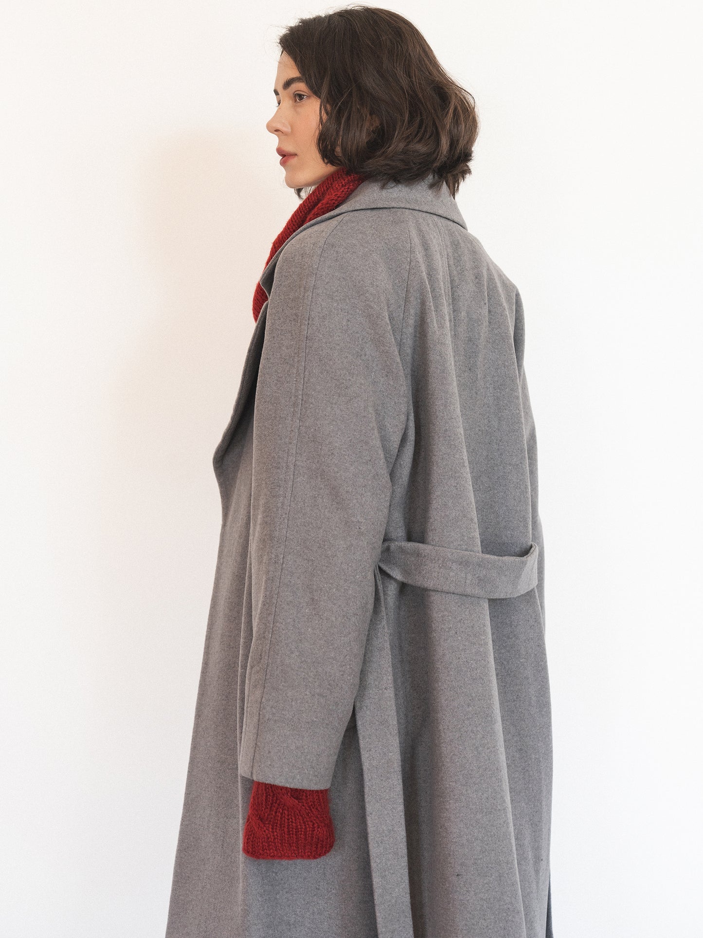 Gray Double-Breasted Long Coat with trim ribbon