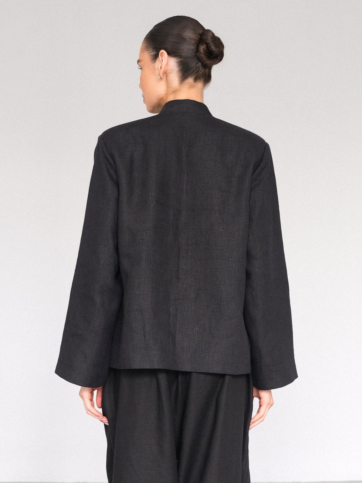 Linen Jacket with Frog Closures, Black