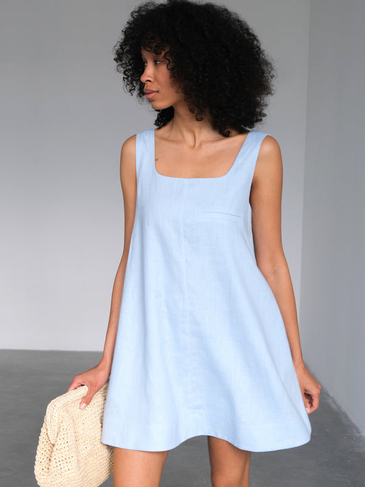 Linen Mini Dress, Light Blue