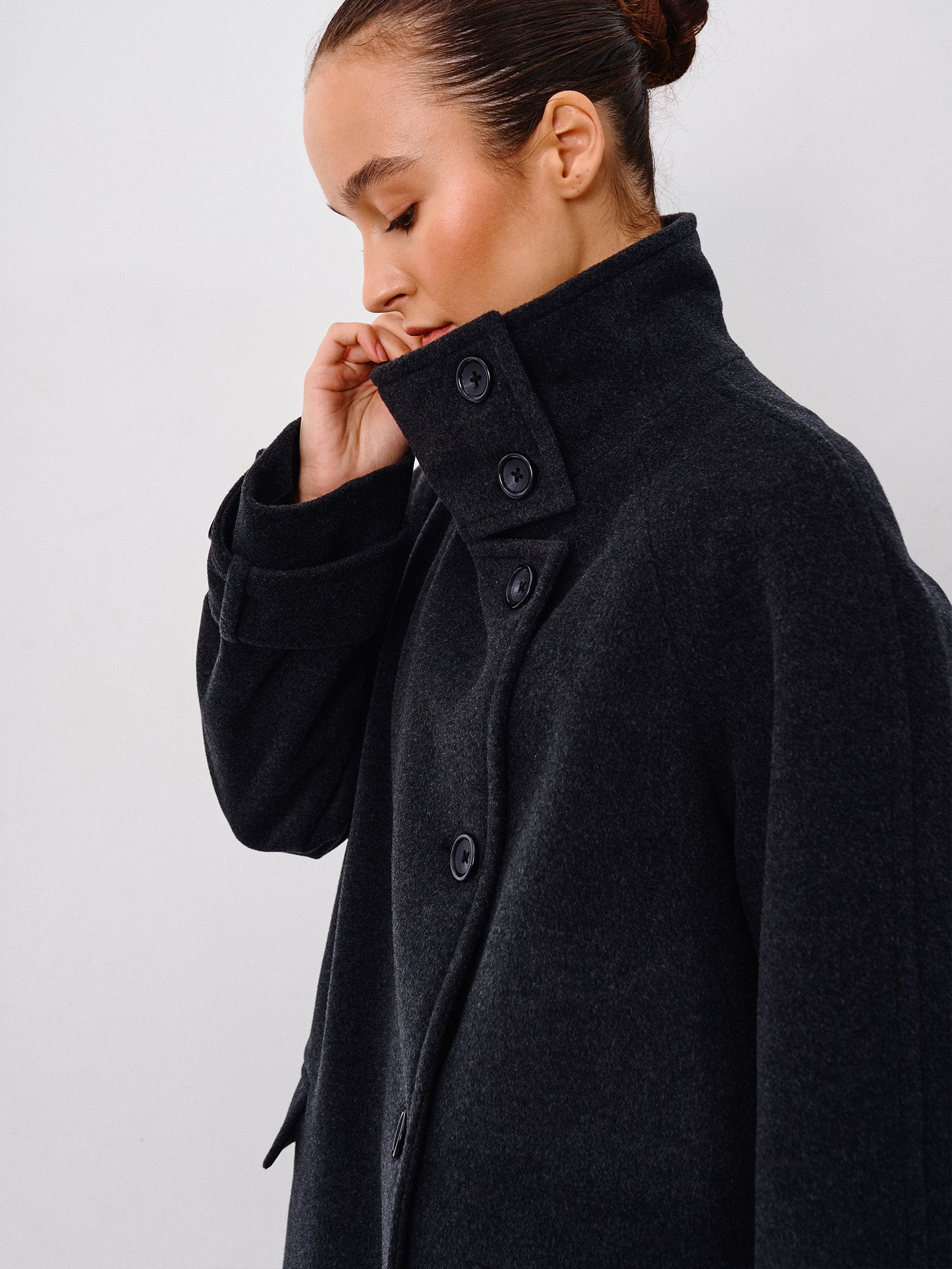 Graphite Wool Coat with Stand Collar – Wabi-Sabi Elegance | CHELIE