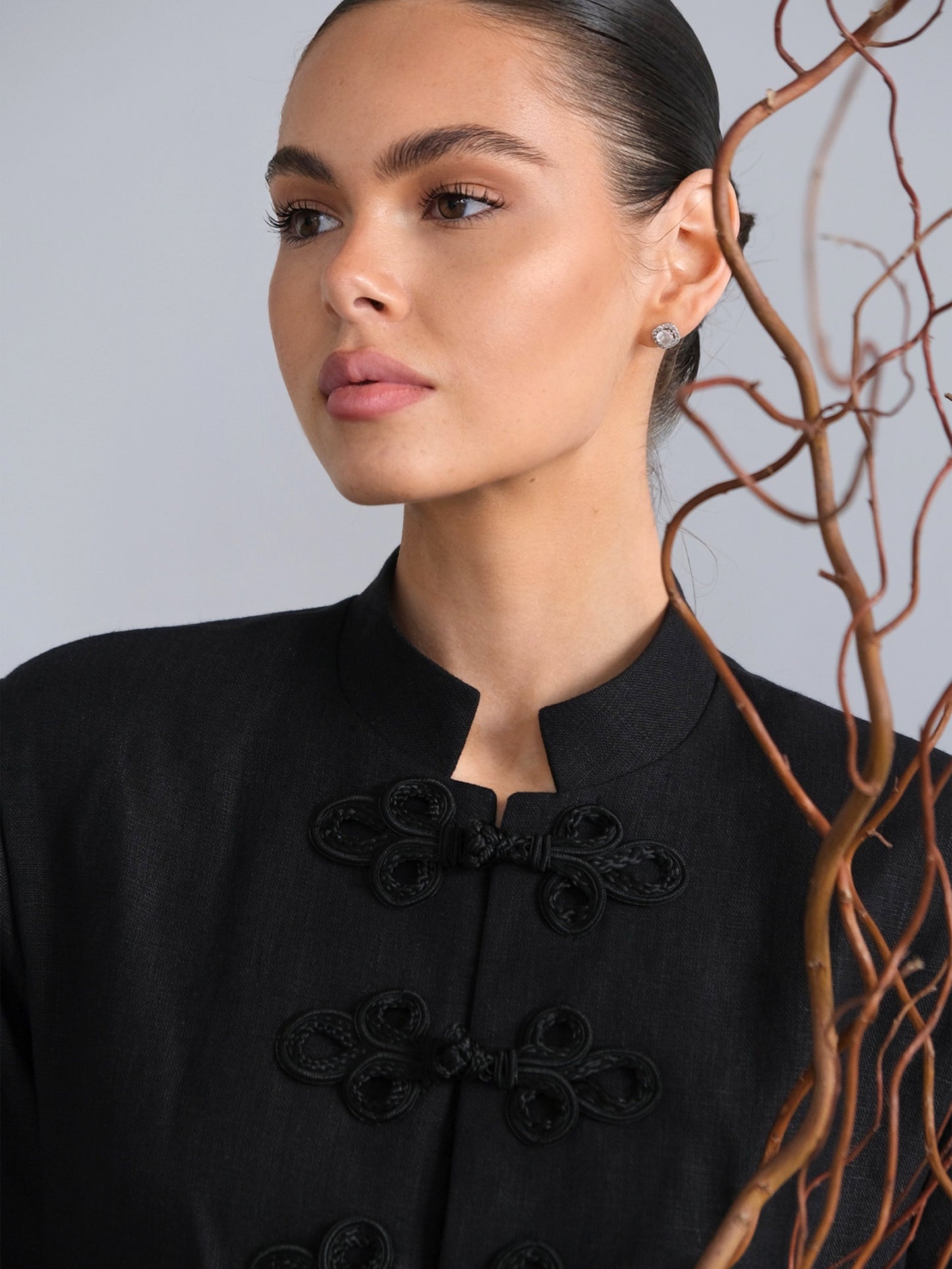 Linen Jacket with Frog Closures, Black