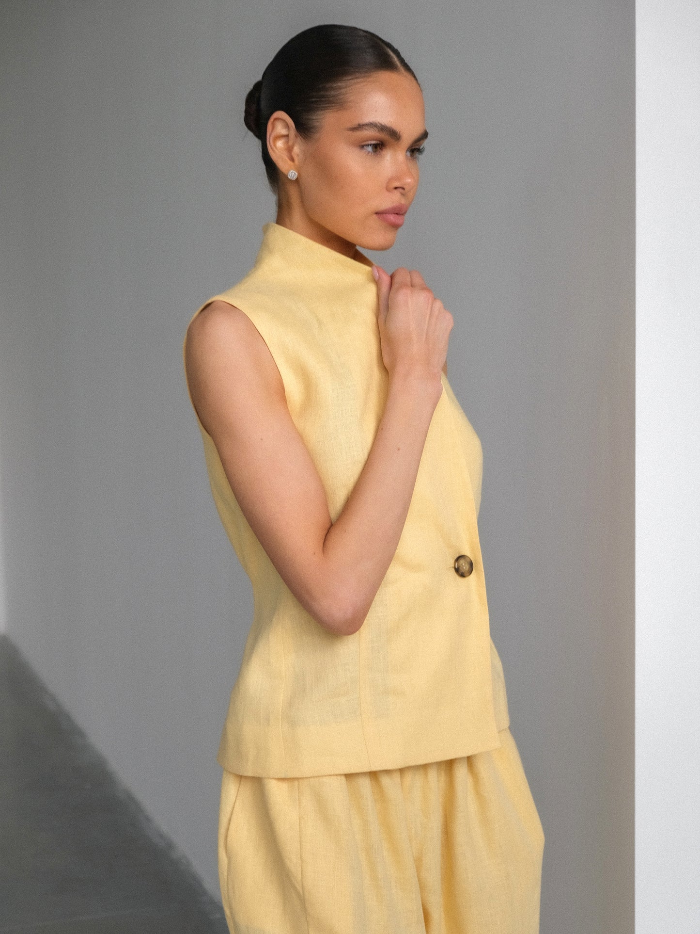 Linen Waistcoat with Shawl Collar, Yellow