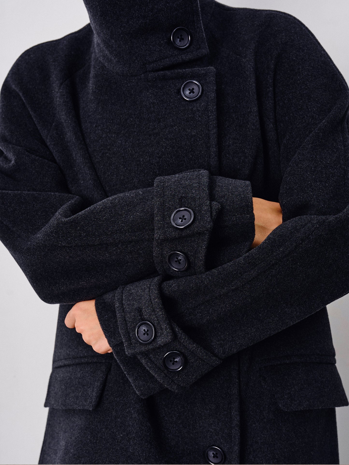 Graphite Wool Coat with Stand Collar – Wabi-Sabi Elegance | CHELIE