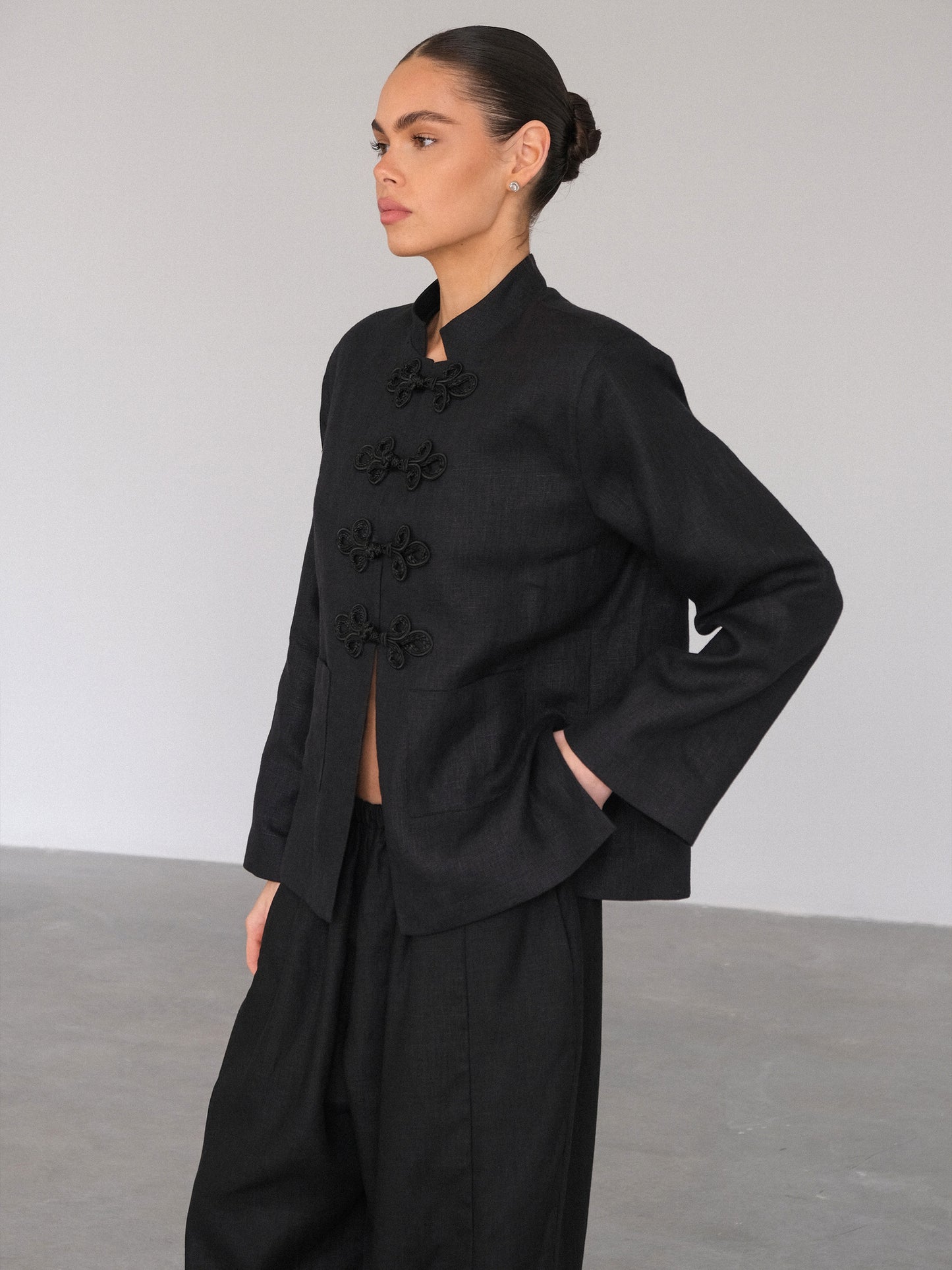 Linen Jacket with Frog Closures, Black