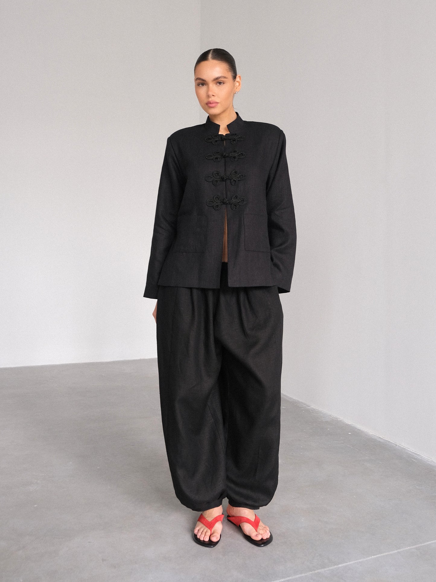 Linen Jacket with Frog Closures, Black