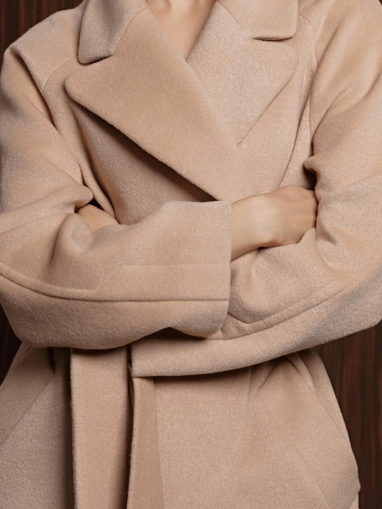 Beige Double-Breasted Long Coat with trim ribbon 5