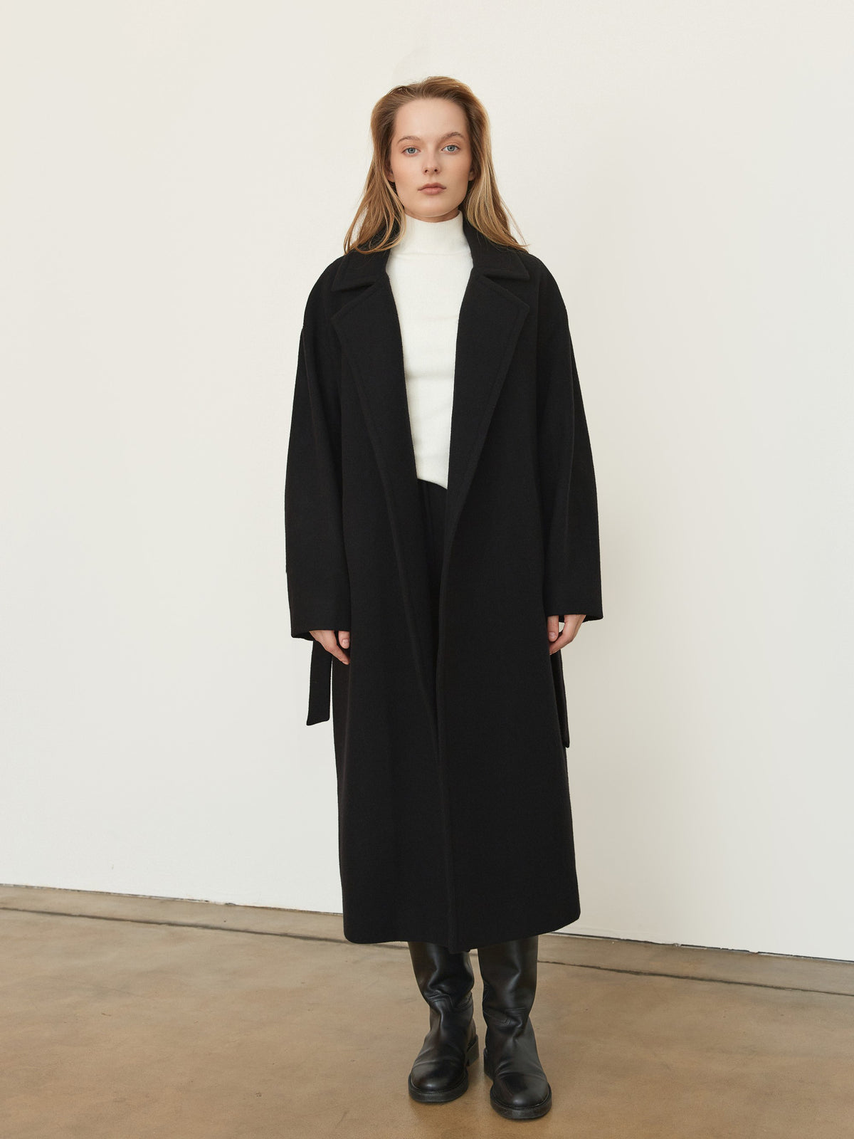 CHÉLIE black oversized wool wrap coat with belt