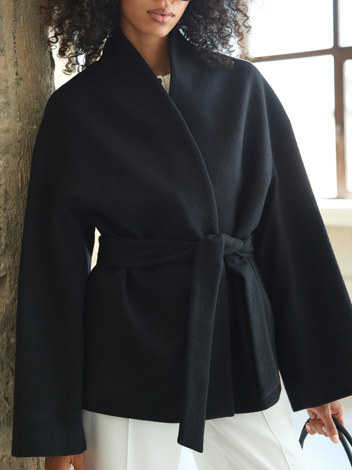 CHÉLIE black wool kimono coat with belt