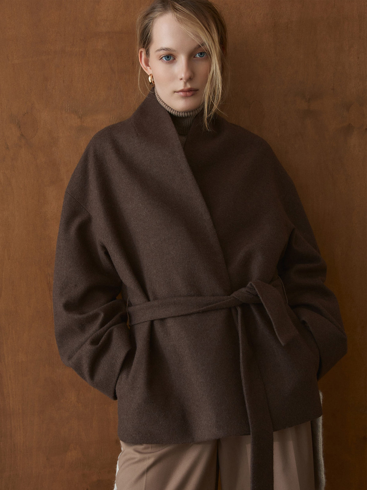 CHÉLIE chocolate brown wool kimono coat with belt