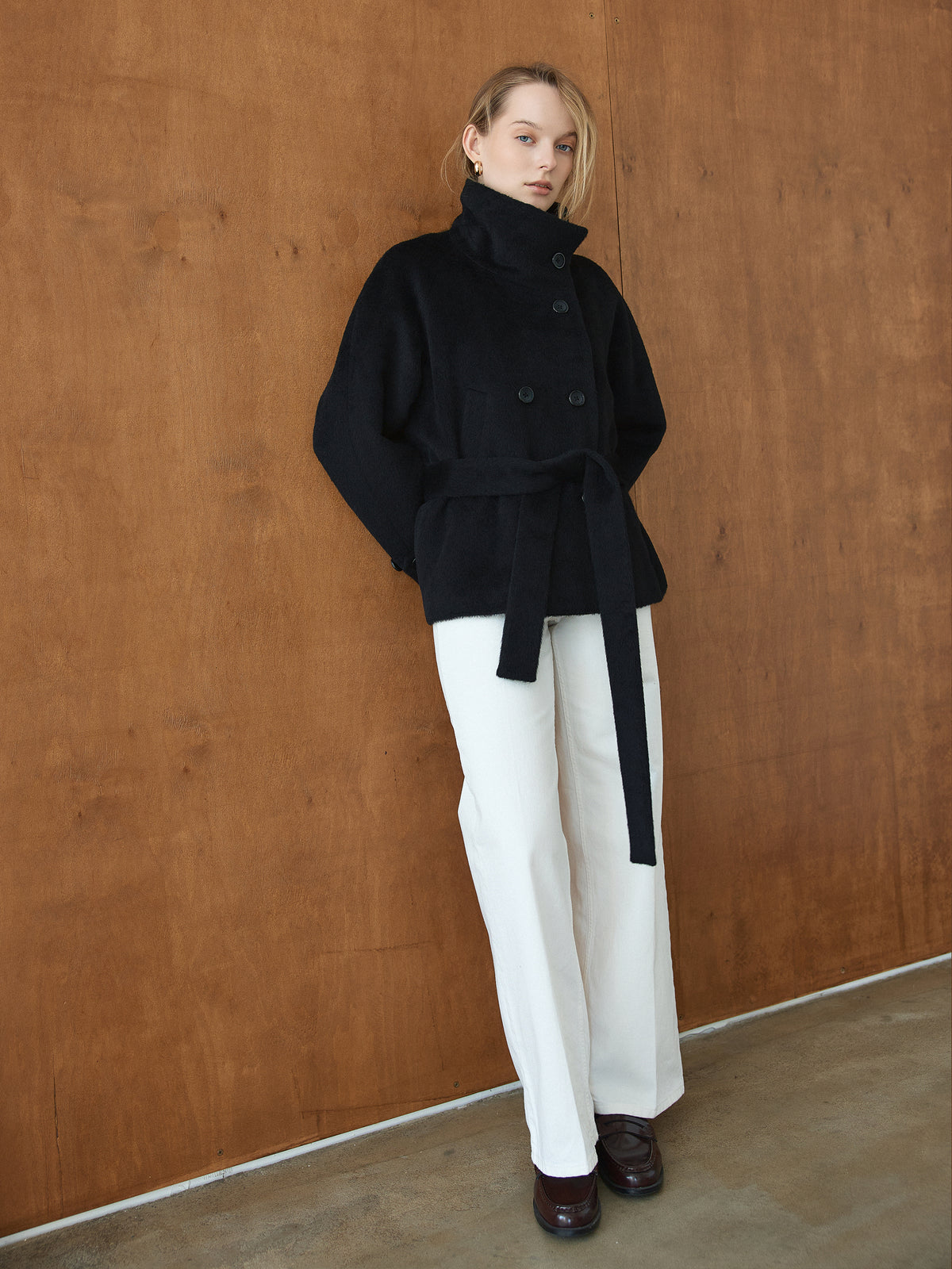 CHÉLIE short black wool coat with high collar