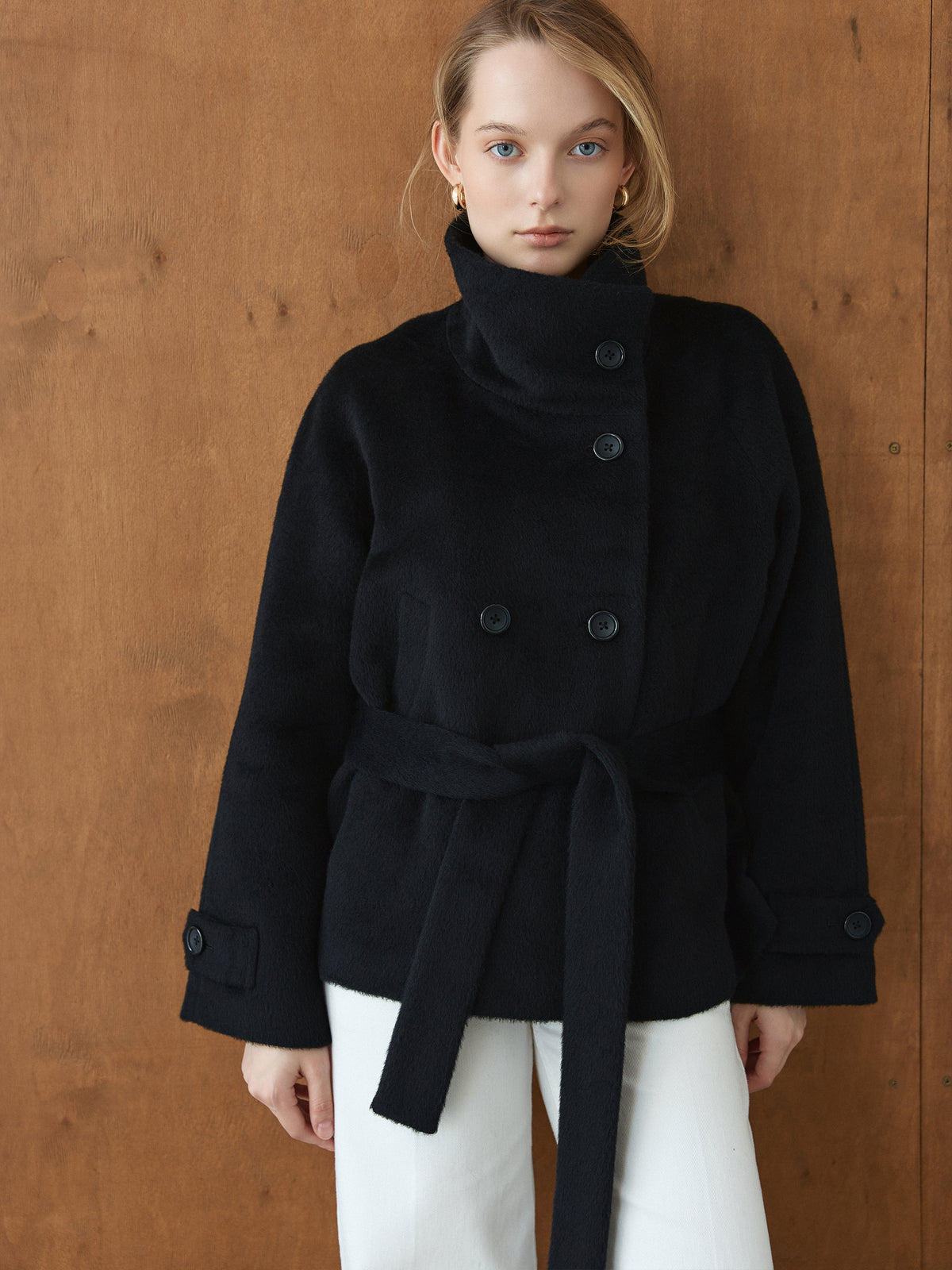 CHÉLIE short black wool coat with high collar