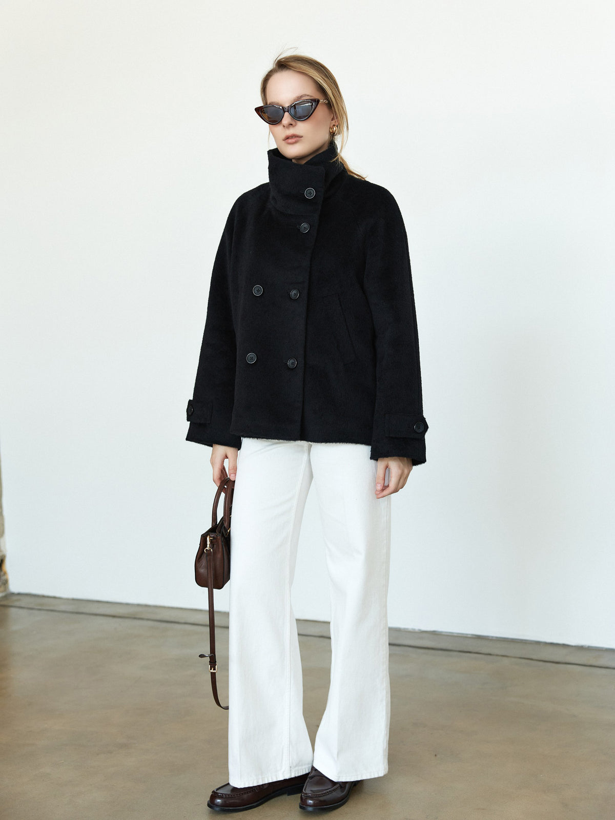 CHÉLIE short black wool coat with high collar