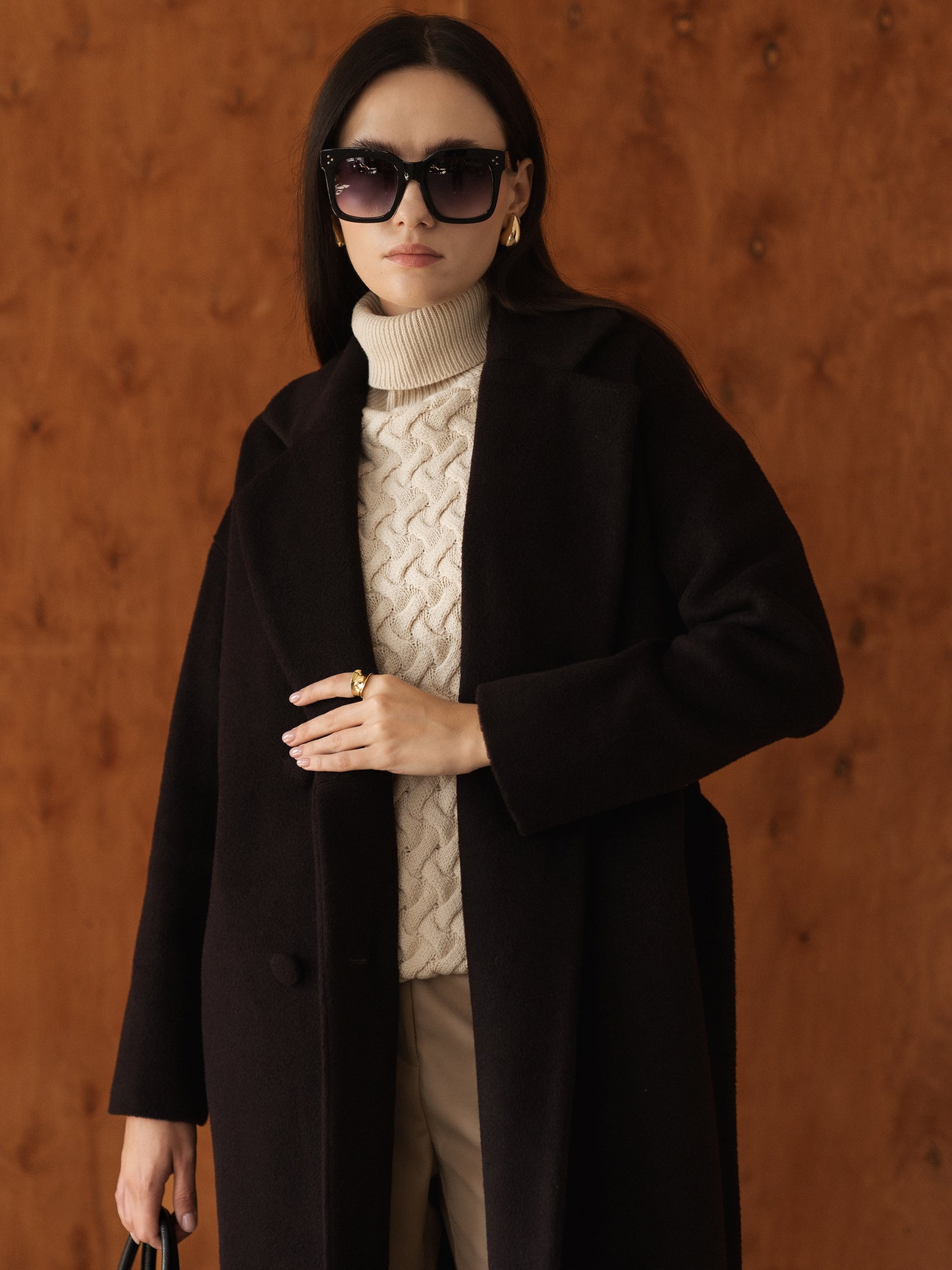 Dark Chocolate Long Wool Coat with Belt 4