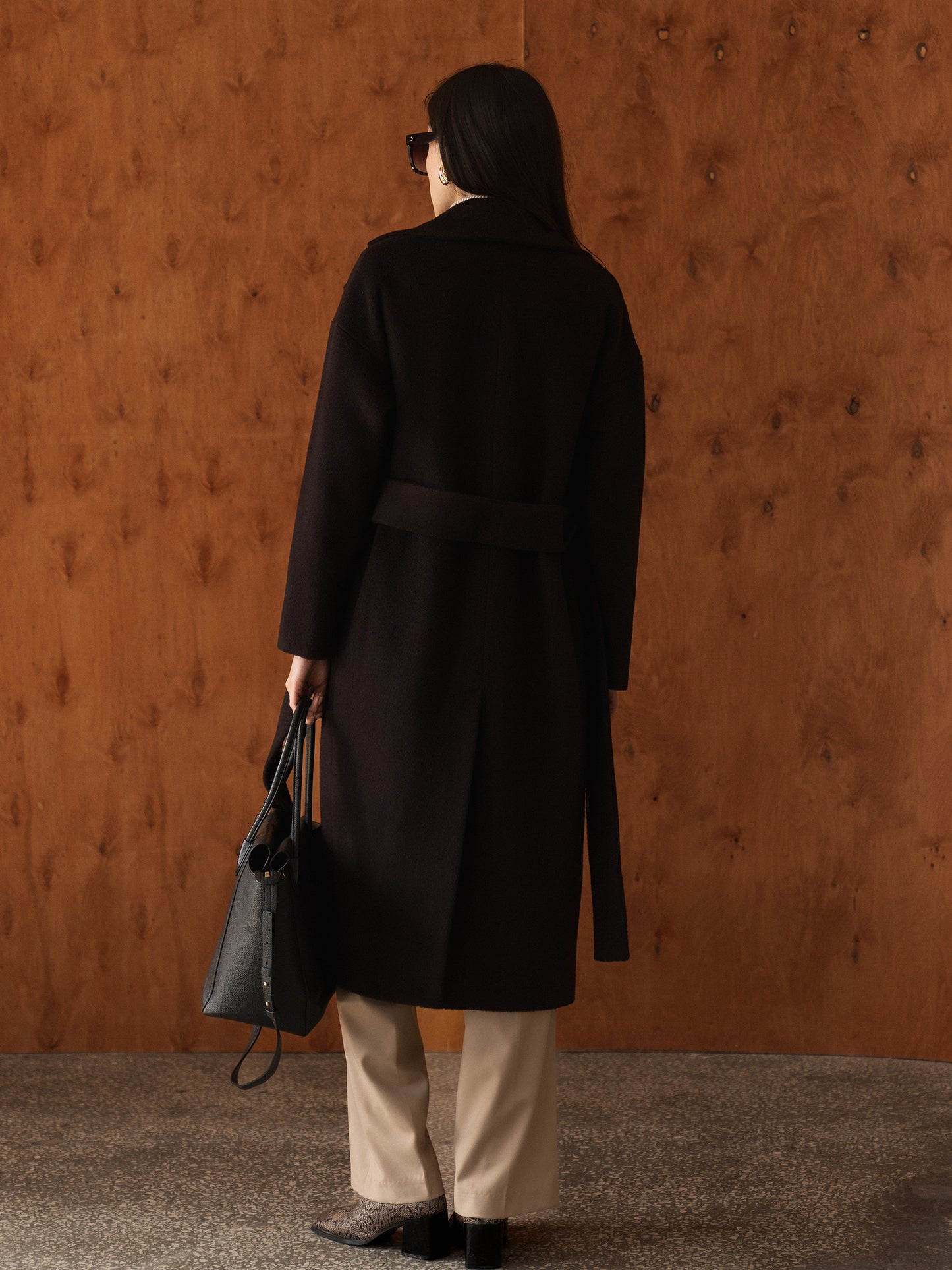 Dark Chocolate Long Wool Coat with Belt 5