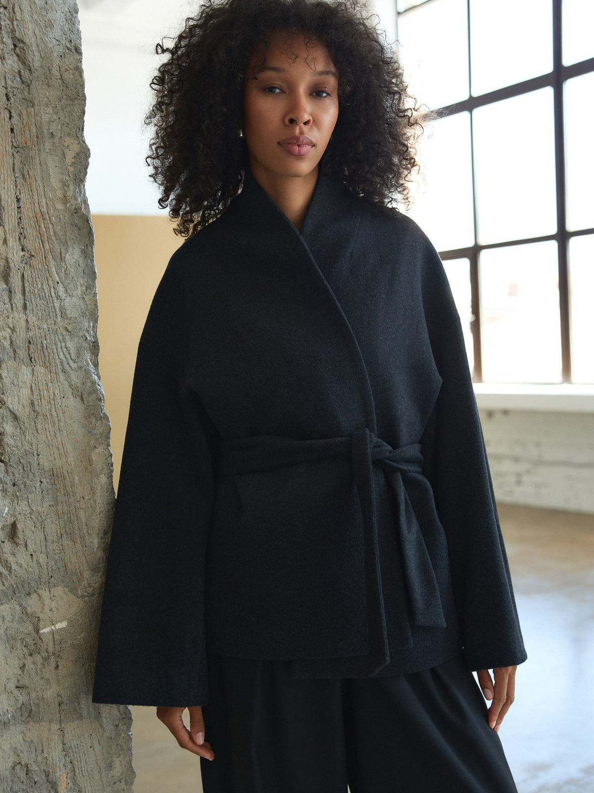 CHÉLIE grey wool kimono coat with belt