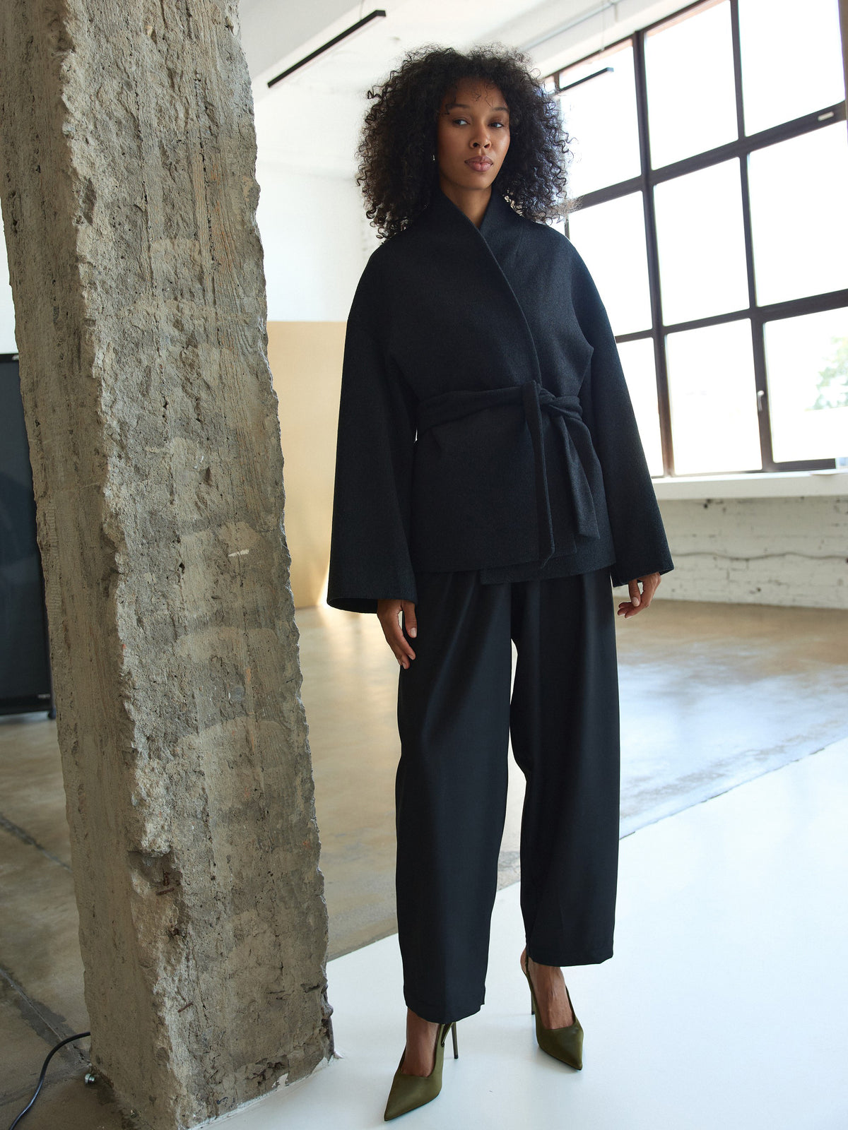 CHÉLIE grey wool kimono coat with belt