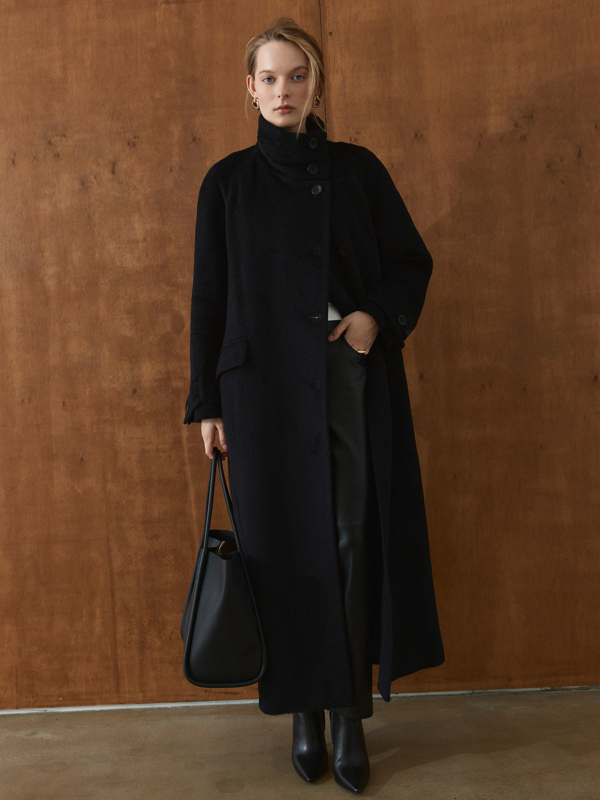 CHÉLIE long black wool coat with high collar