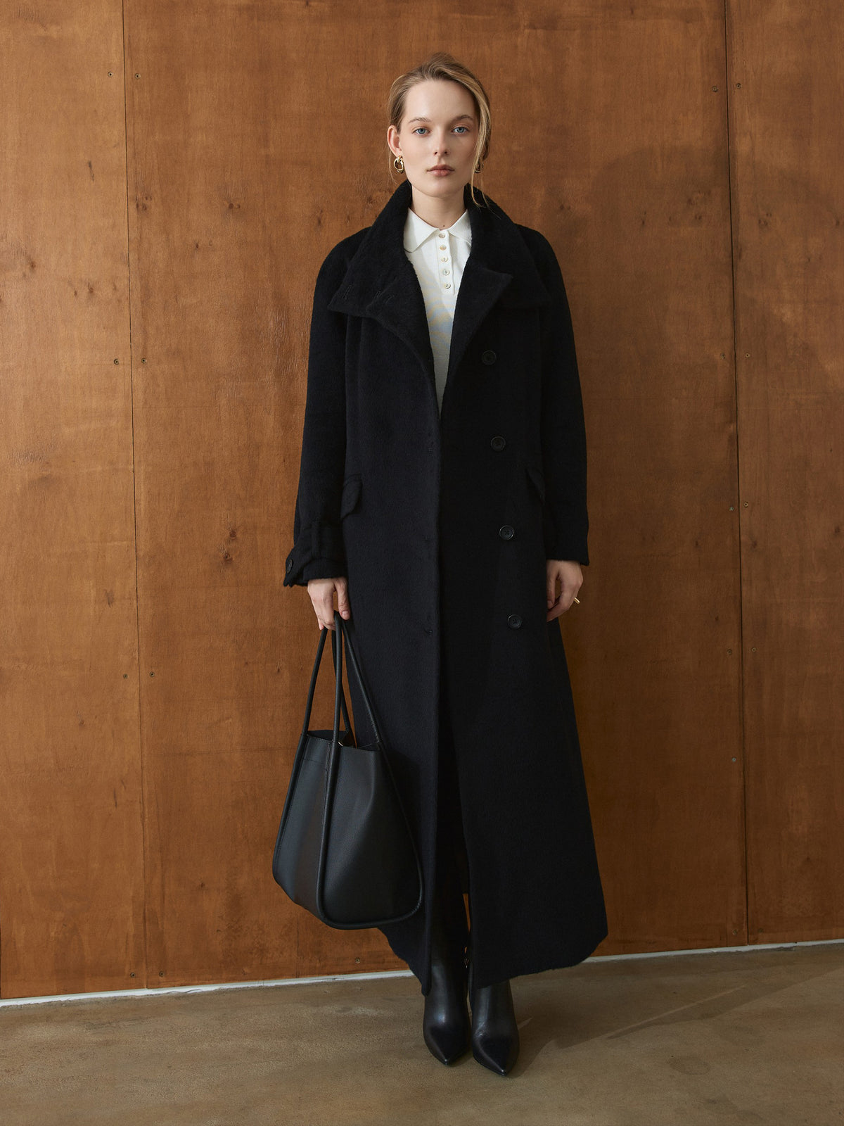 CHÉLIE long black wool coat with high collar