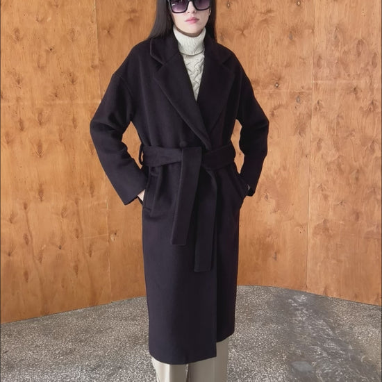 Dark Chocolate Long Wool Coat with Belt 2