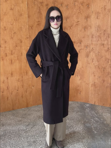 Dark Chocolate Long Wool Coat with Belt 2