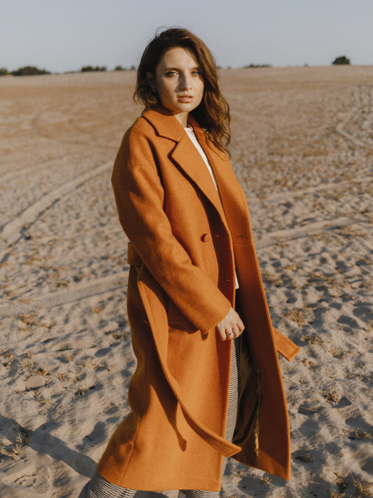 Rusty Red Double-Breasted Wool Coat with Belt