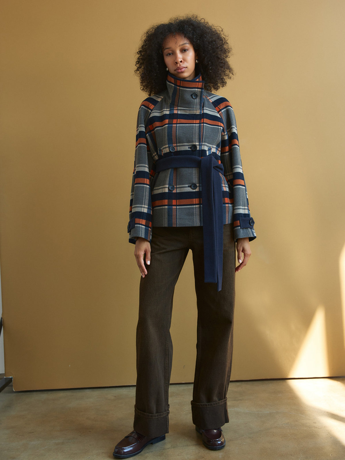 CHÉLIE short checked wool coat with high collar